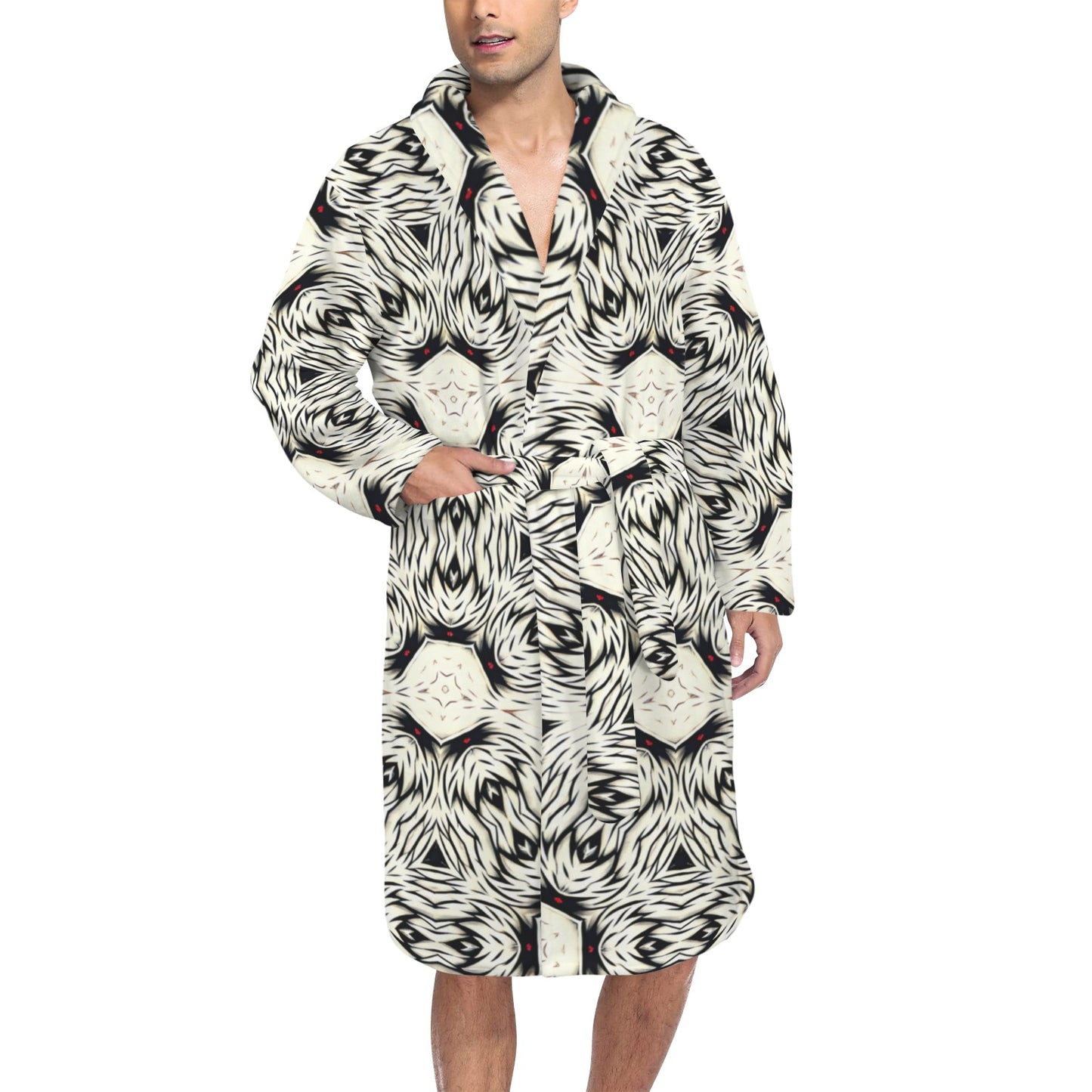 Men's Black & White Abstract Pattern All Over print Belted Sleep Robe