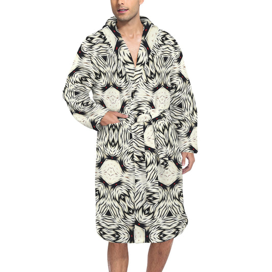 Men's Black & White Abstract Pattern All Over print Belted Sleep Robe