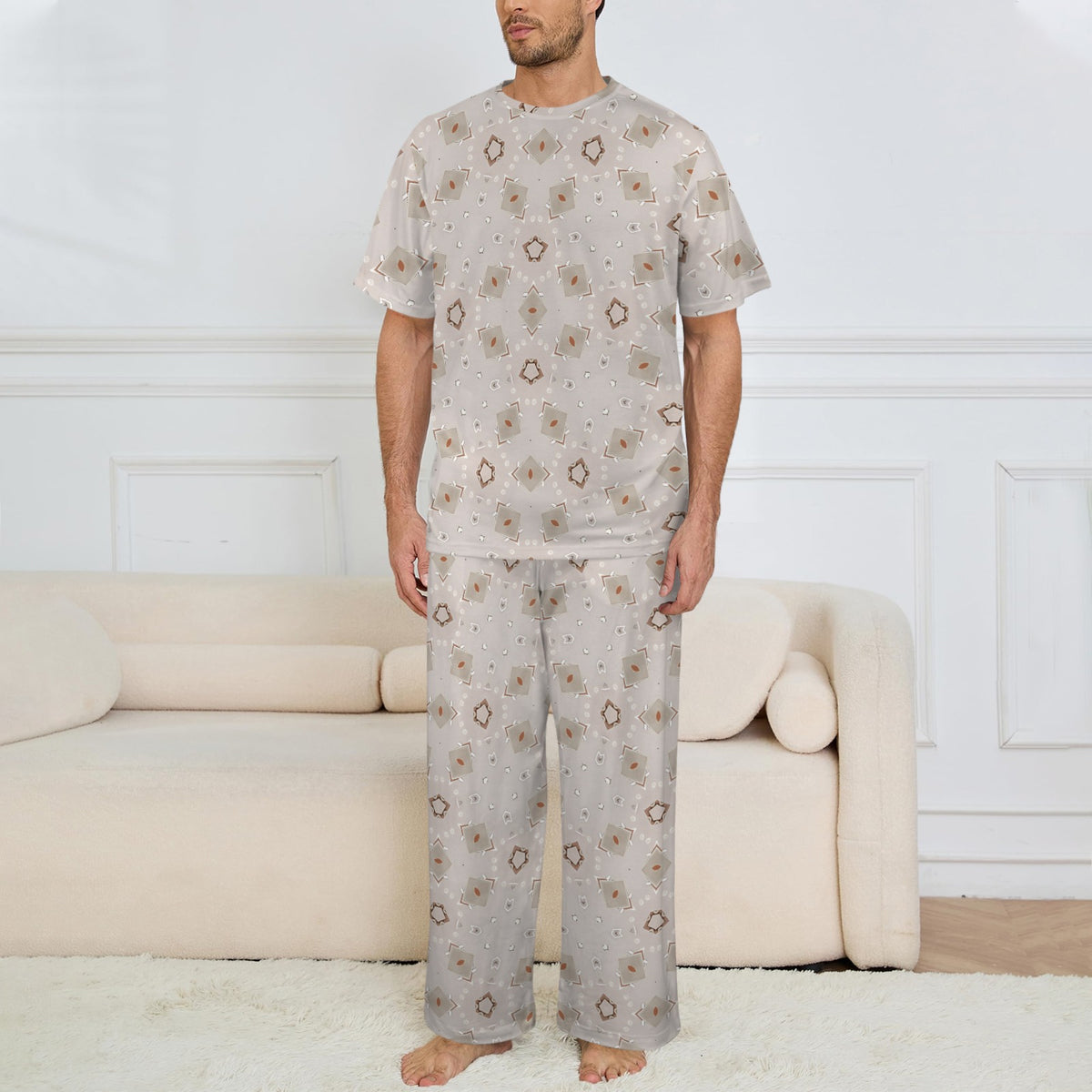 Men's Beige Neutral Geo Pattern Design All-Over Print Men's Crew Neck Pajama Set