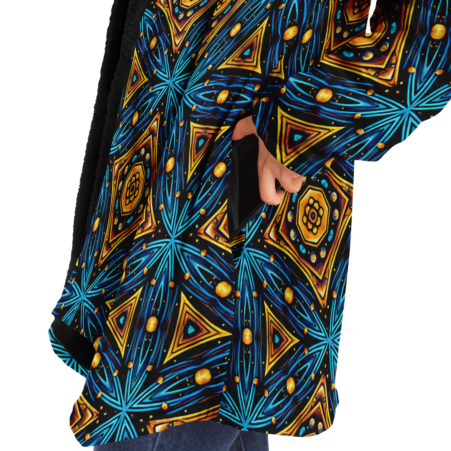 Women's Blue & Gold Geometric Pattern All Over Print Microfleece Cloak