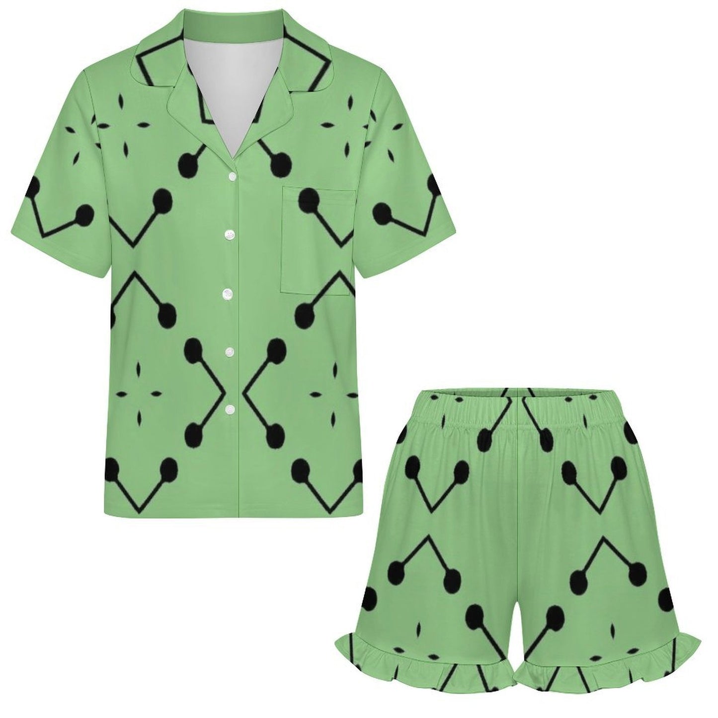 Women's Bold Green Geometric Black Dot-Node Pattern All-Over Print Ruffled Short-Sleeve Pajama Set