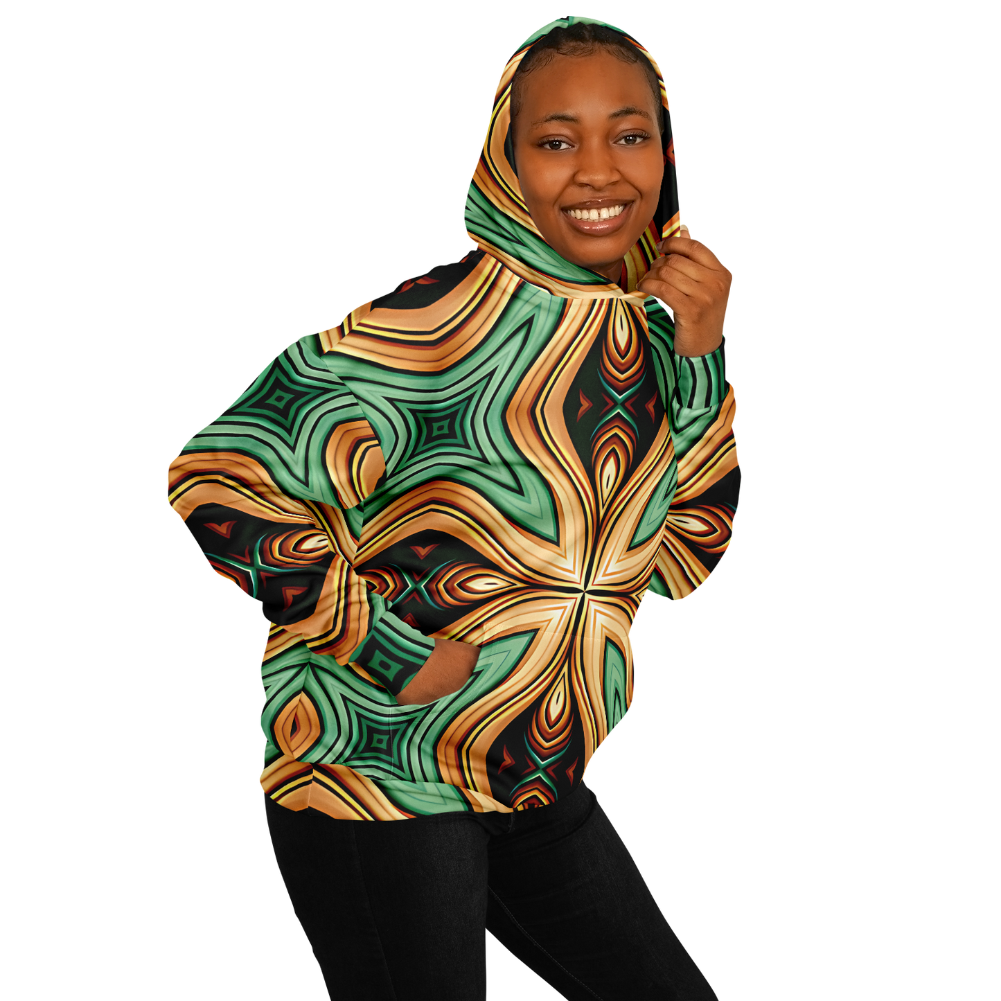 Women's  Green & Gold Retro Kaleidoscope Pattern Heavyweight Oversized Hoodie