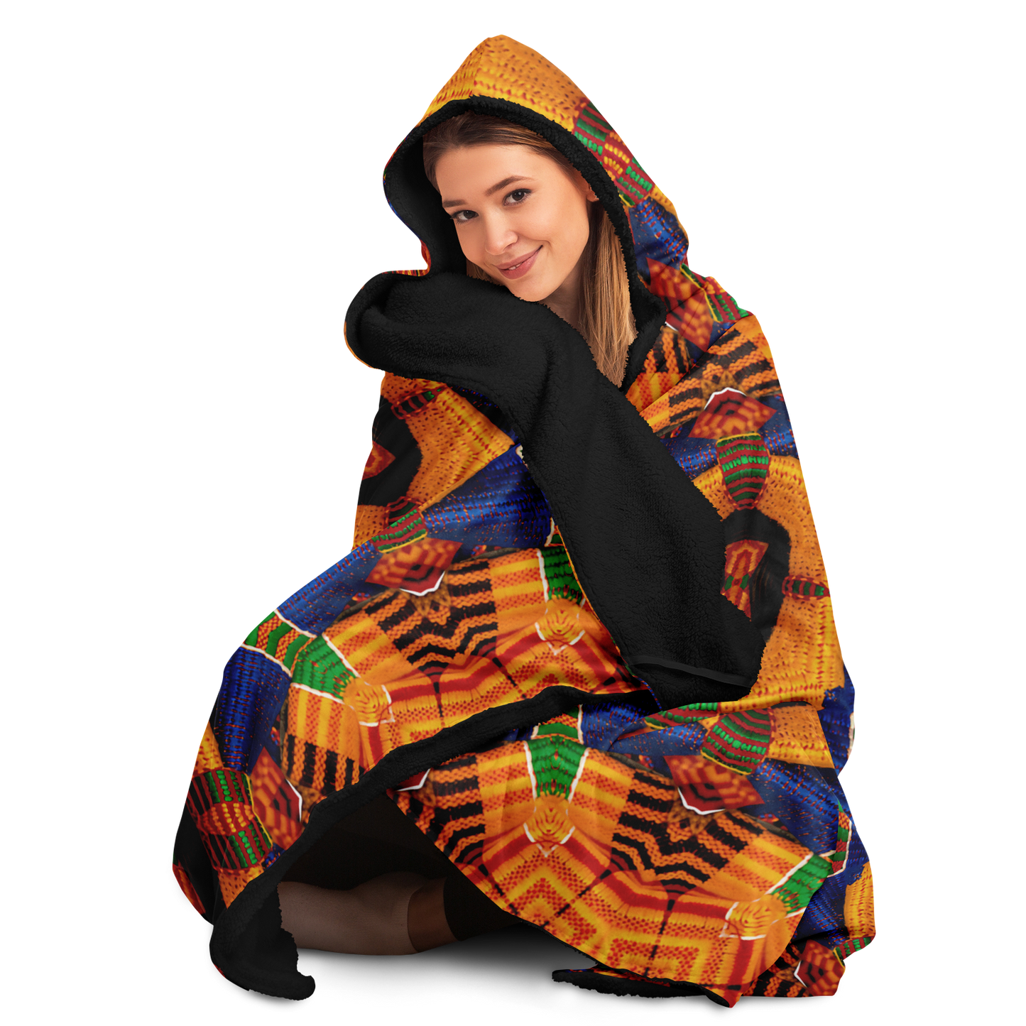 Women's Vibrant Orange & Blue Geometric Pattern Hooded Blanket Micro Fleece