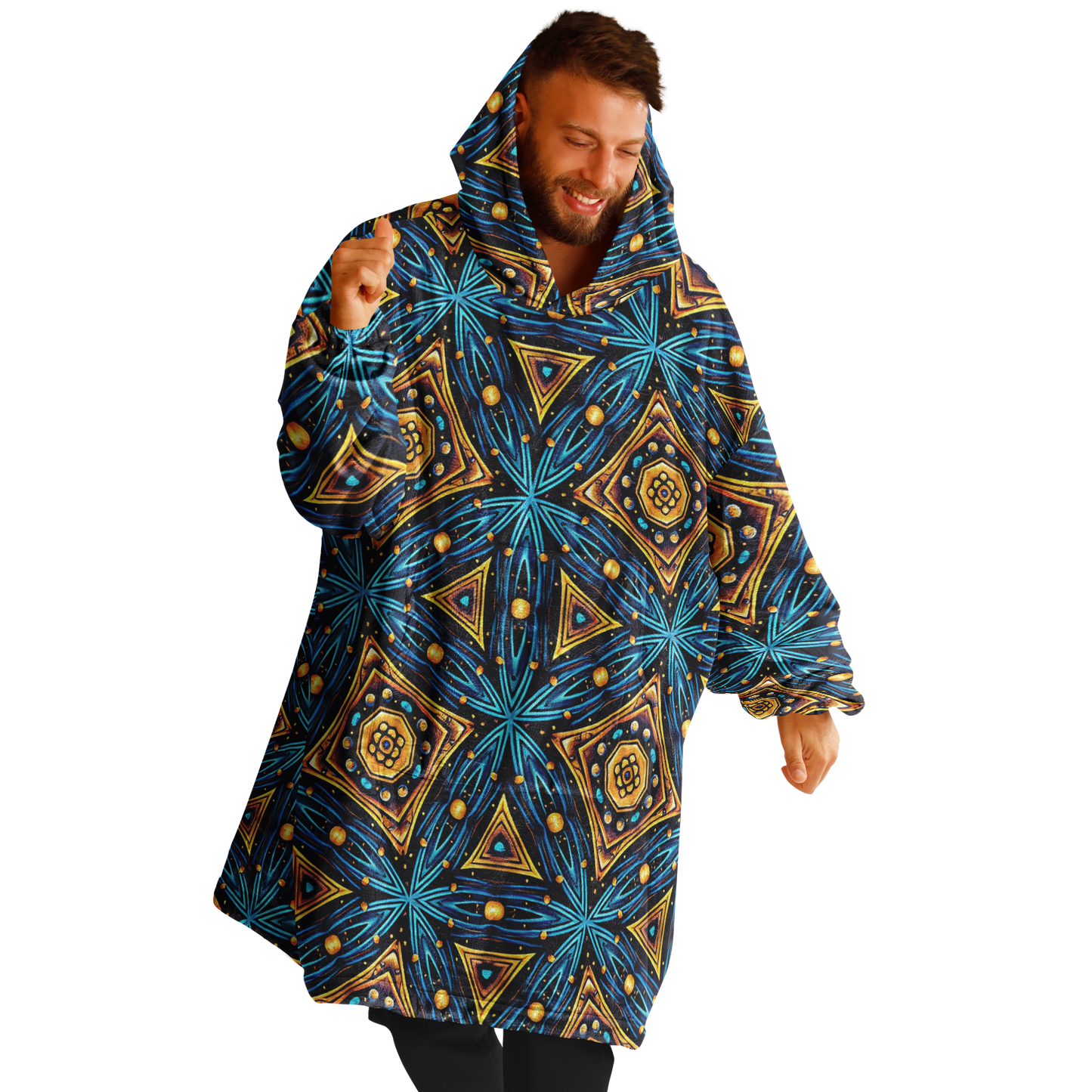 Men's Blue & Gold Geometric Pattern All Over Print Snug Hoodie Economy