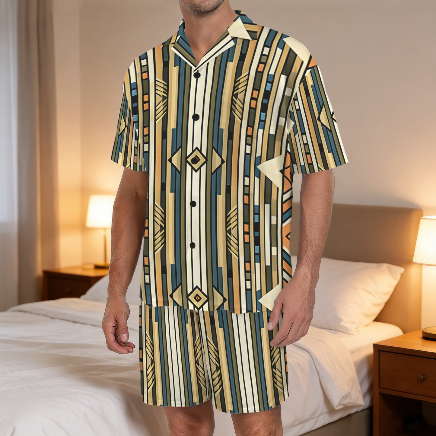 Men's Retro Geometric Tribal Pattern All-Over Print V-Neck Short Pajama Set