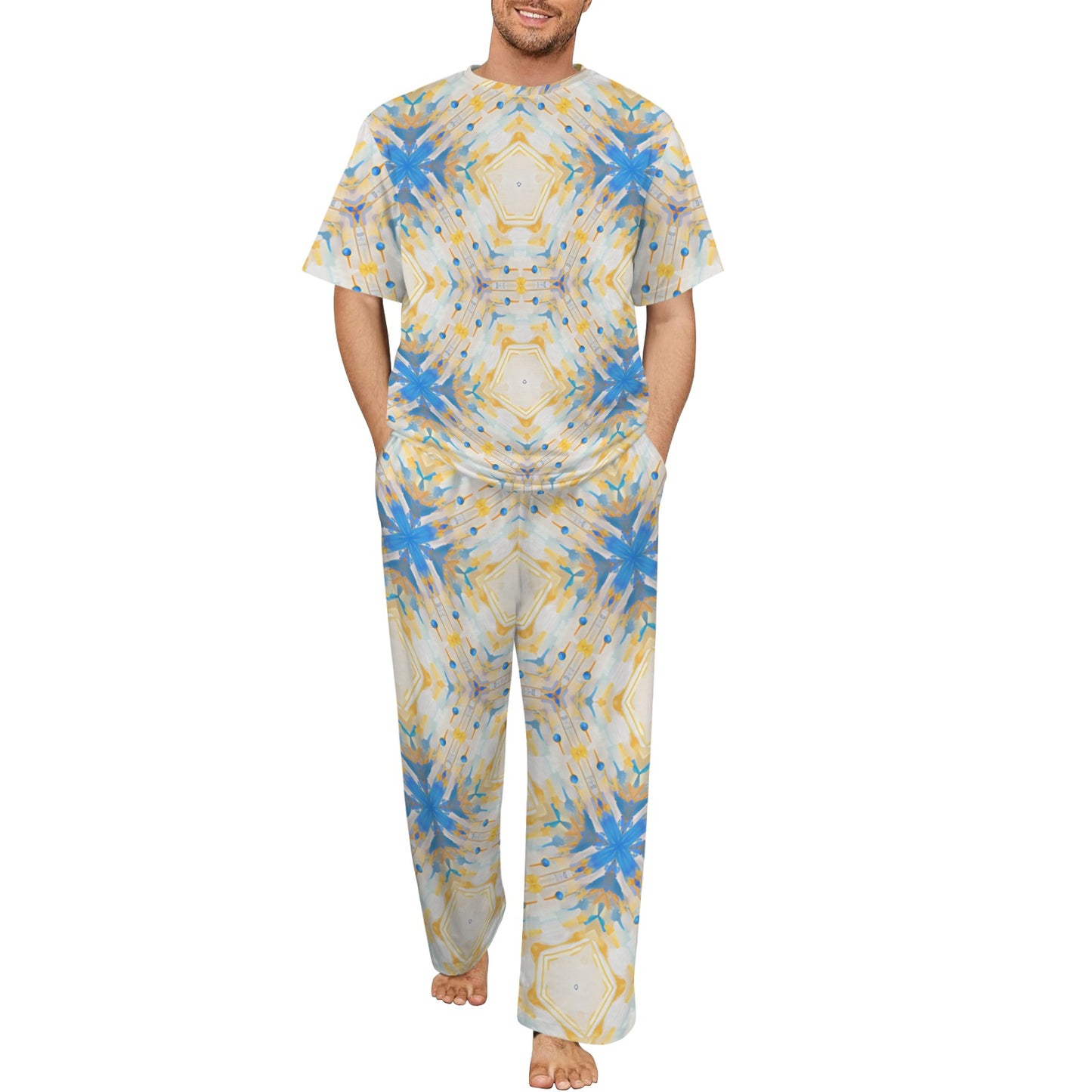 Men's Kaleidoscope Sunburst Pattern All-Over Print Crew Neck Pajama Set