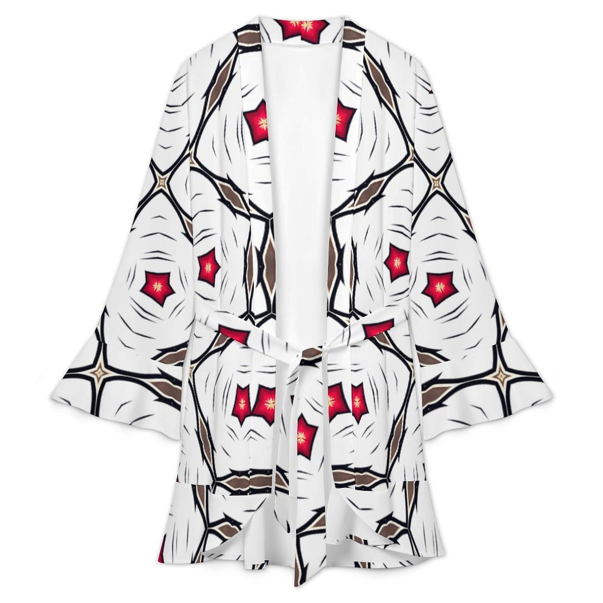Women's Geometric White Red Patterned Design All-Over Print Ruffle Long Sleeve Robe