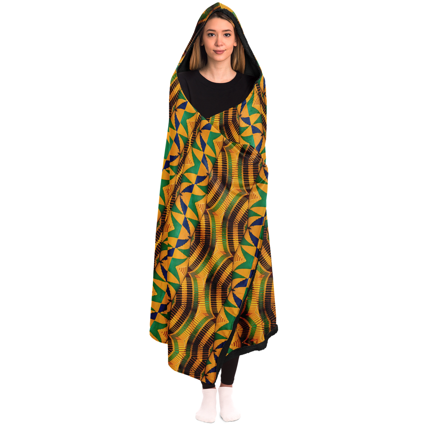 Women's African Kente Geometric Pattern All-Over Print Hooded Blanket Micro Fleece
