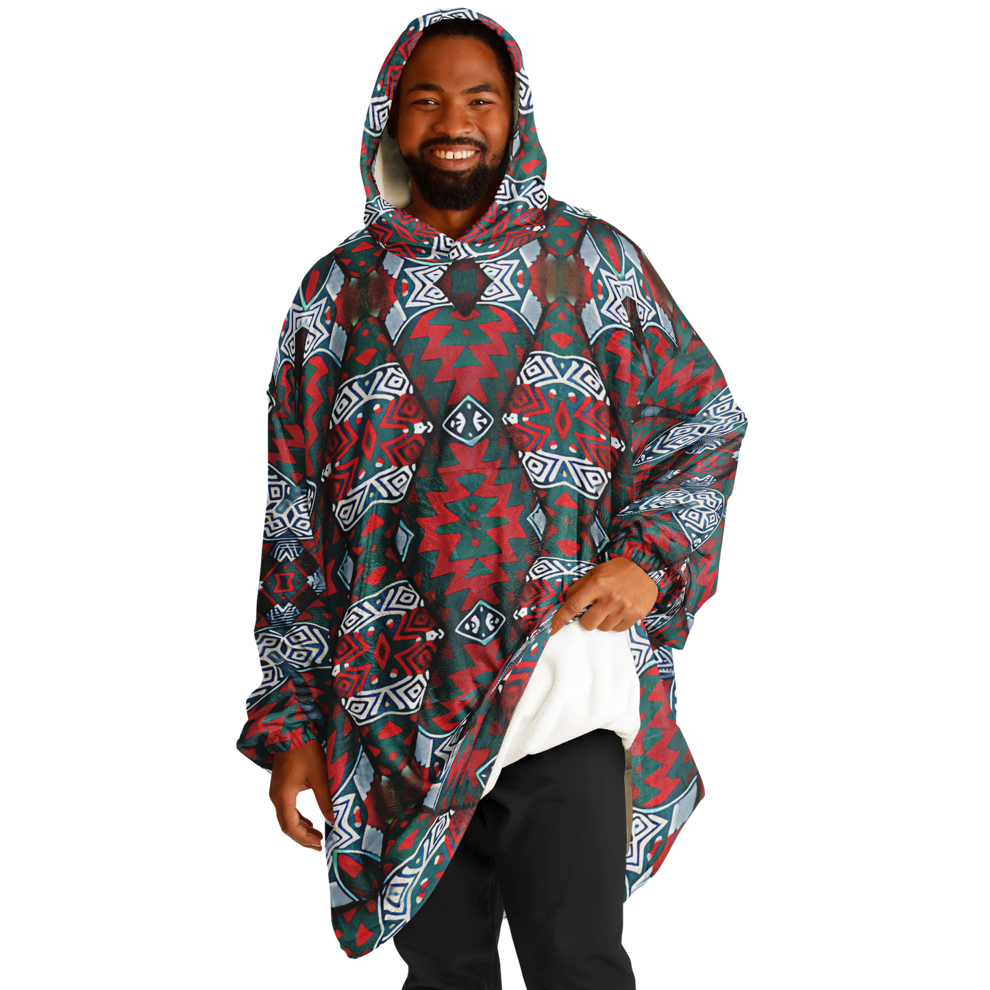Men's Red & Teal Geometric Pattern Snug Hoodie Economy