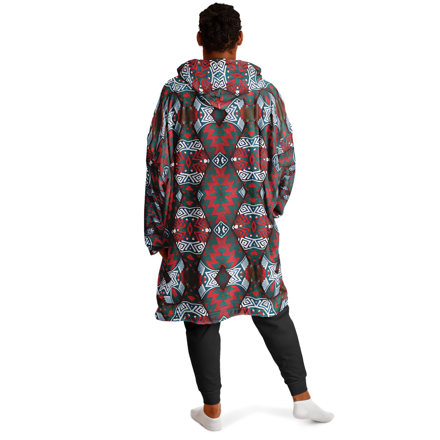 Men's Red & Teal Geometric Pattern Snug Hoodie Economy