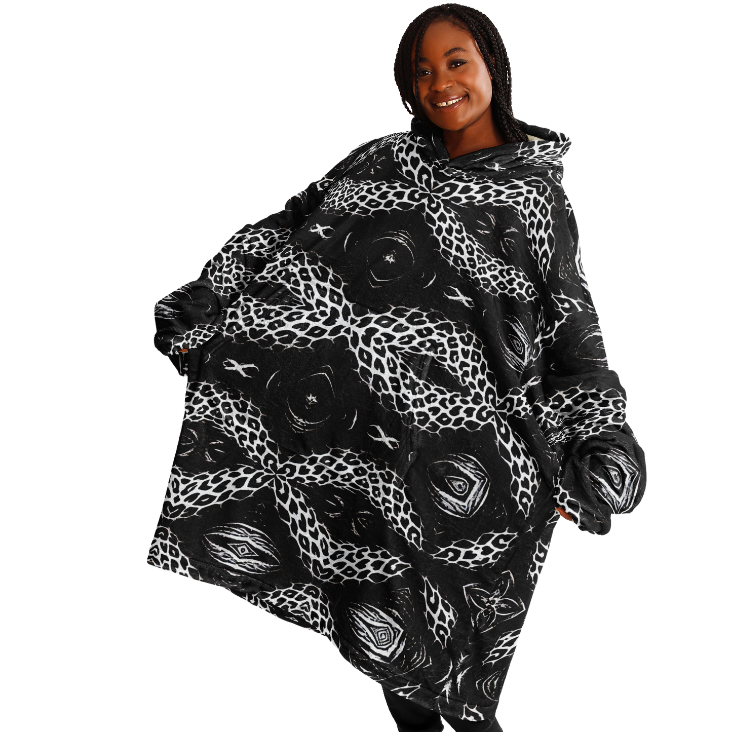 Women's Black & White Kaleidoscope Leopard All Over Print Snug Hoodie Economy