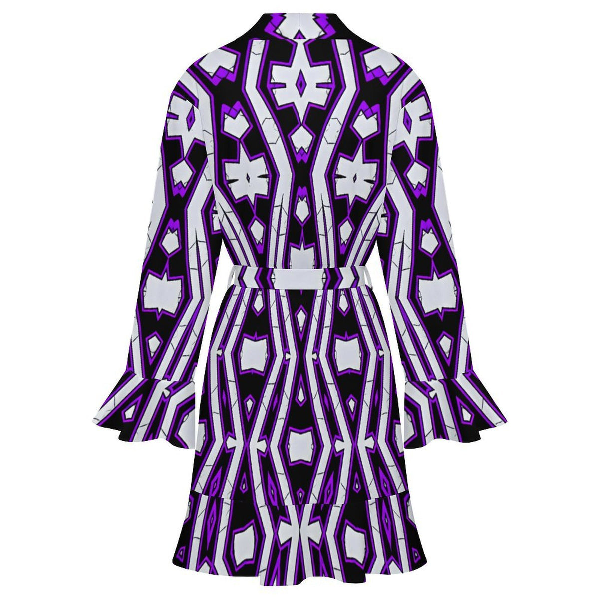 Women’s Eye-Catching Black, White And Purple Geometric Pattern Design All Over Print Ruffle Long Sleeve Robe
