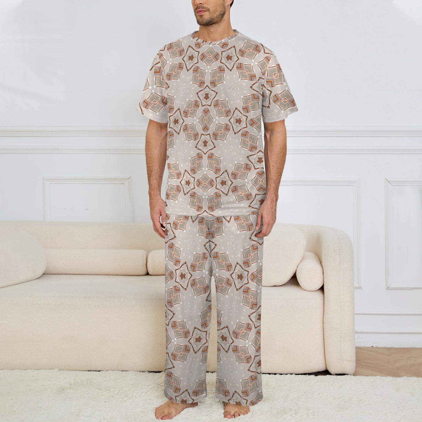 Men's Neutral Boho Graphic Pattern All-Over Print Crew Neck Pajama Set