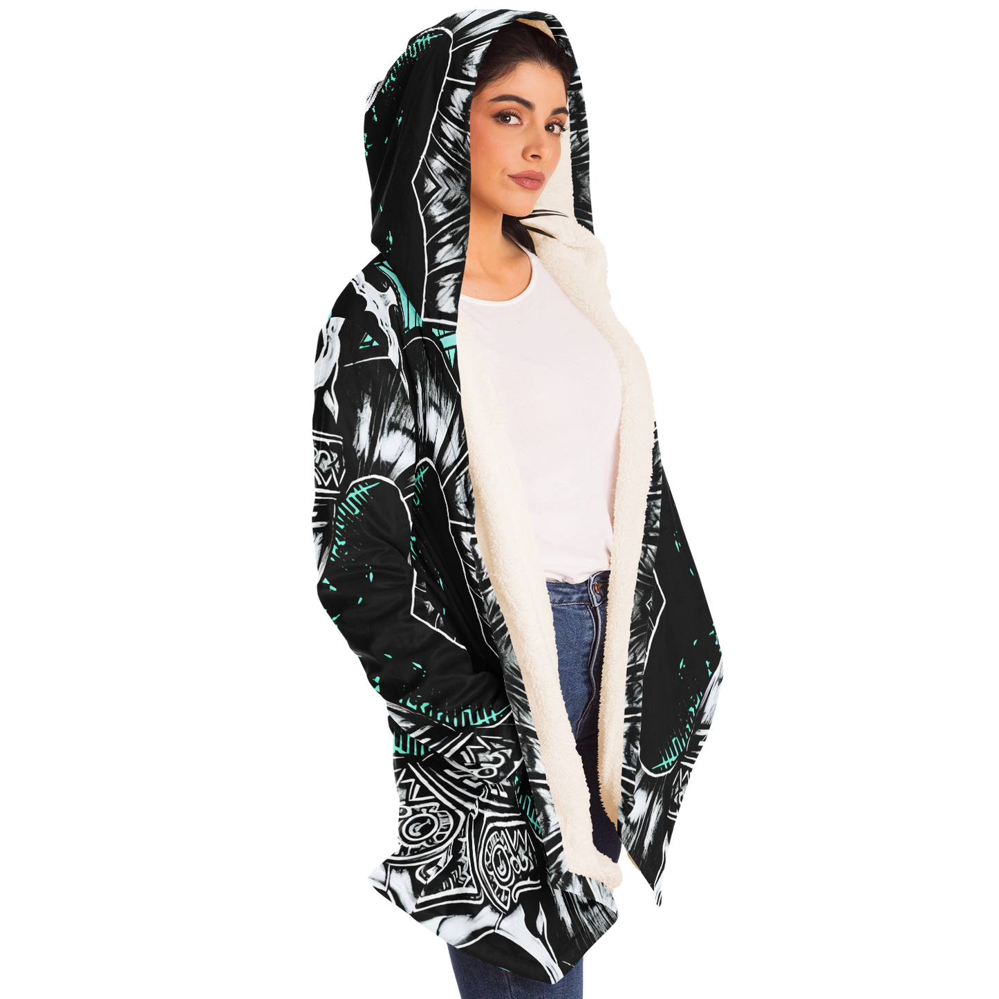 Women's Teal Black White & Green Geometric Pattern All Over Print Microfleece Cloak
