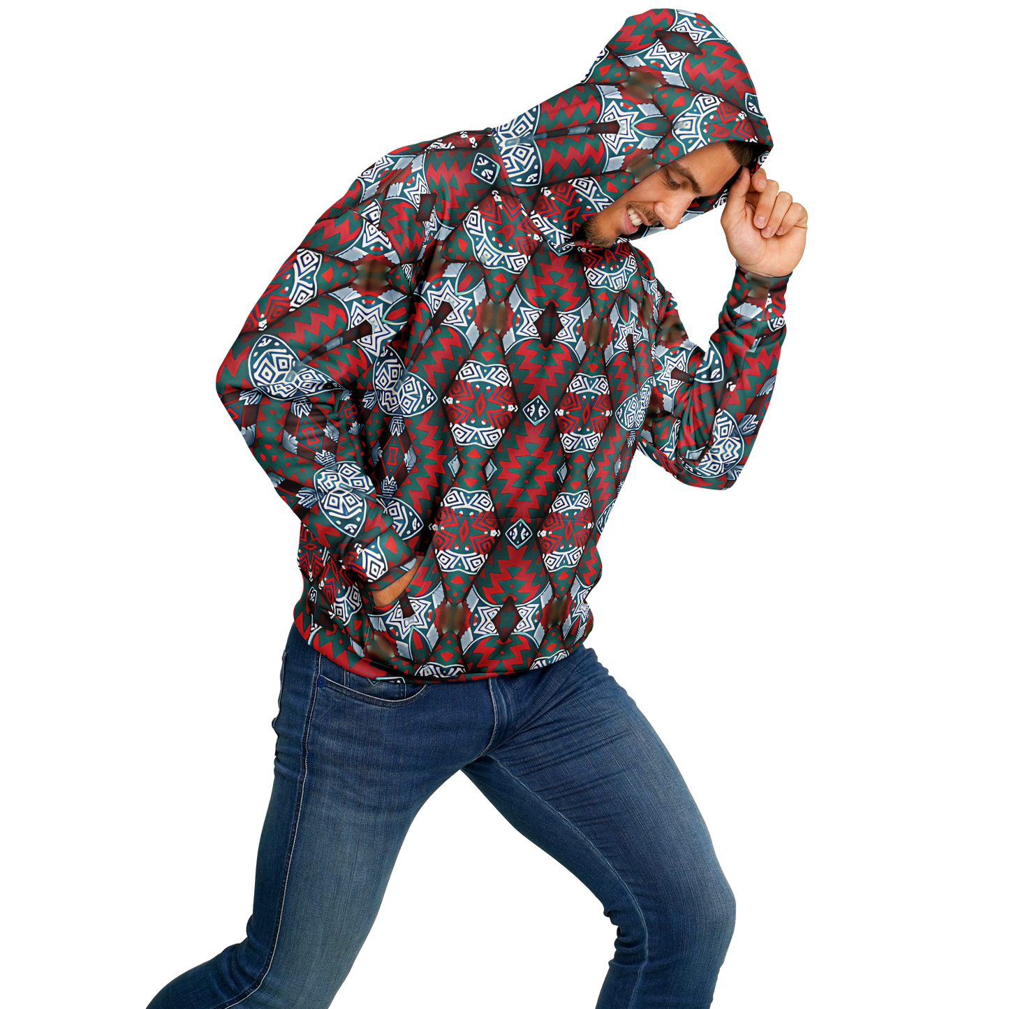 Men's Red & Teal Geometric Pattern Heavyweight Oversized Hoodie