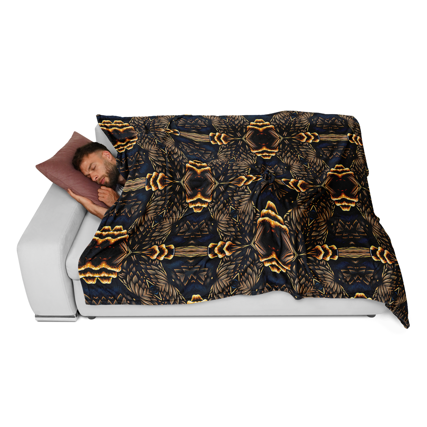 Men's Geometric Gold & Black Pattern Flannel Blanket Poncho