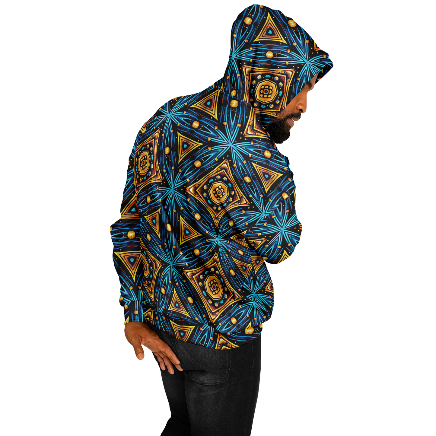 Men's Blue & Gold Geometric Pattern All Over Print Heavyweight Oversized Hoodie