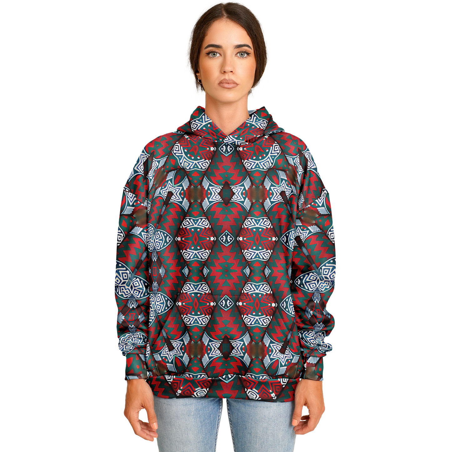 Women's Red & Teal Geometric Pattern Heavyweight Oversized Hoodie