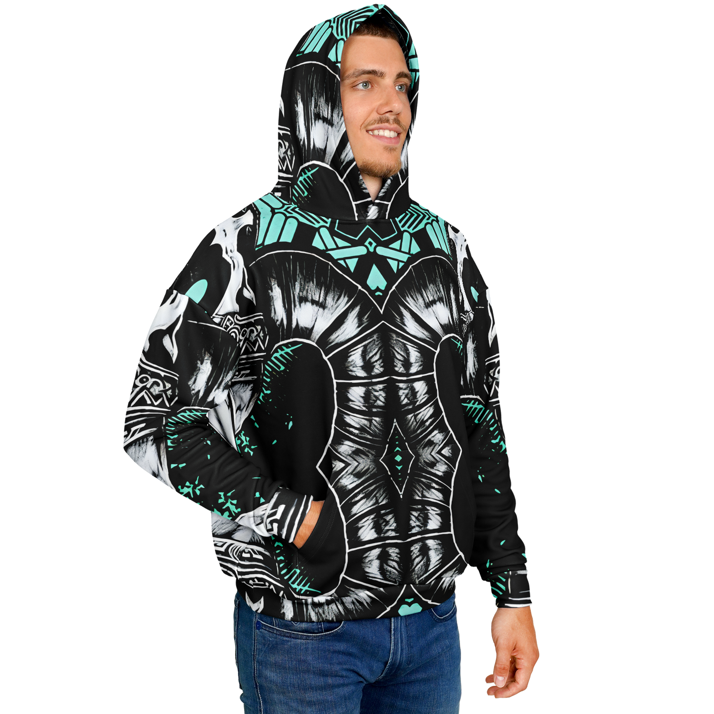 Men's Teal Black White & Green Geometric Pattern All Over Print Heavyweight Oversized Hoodie