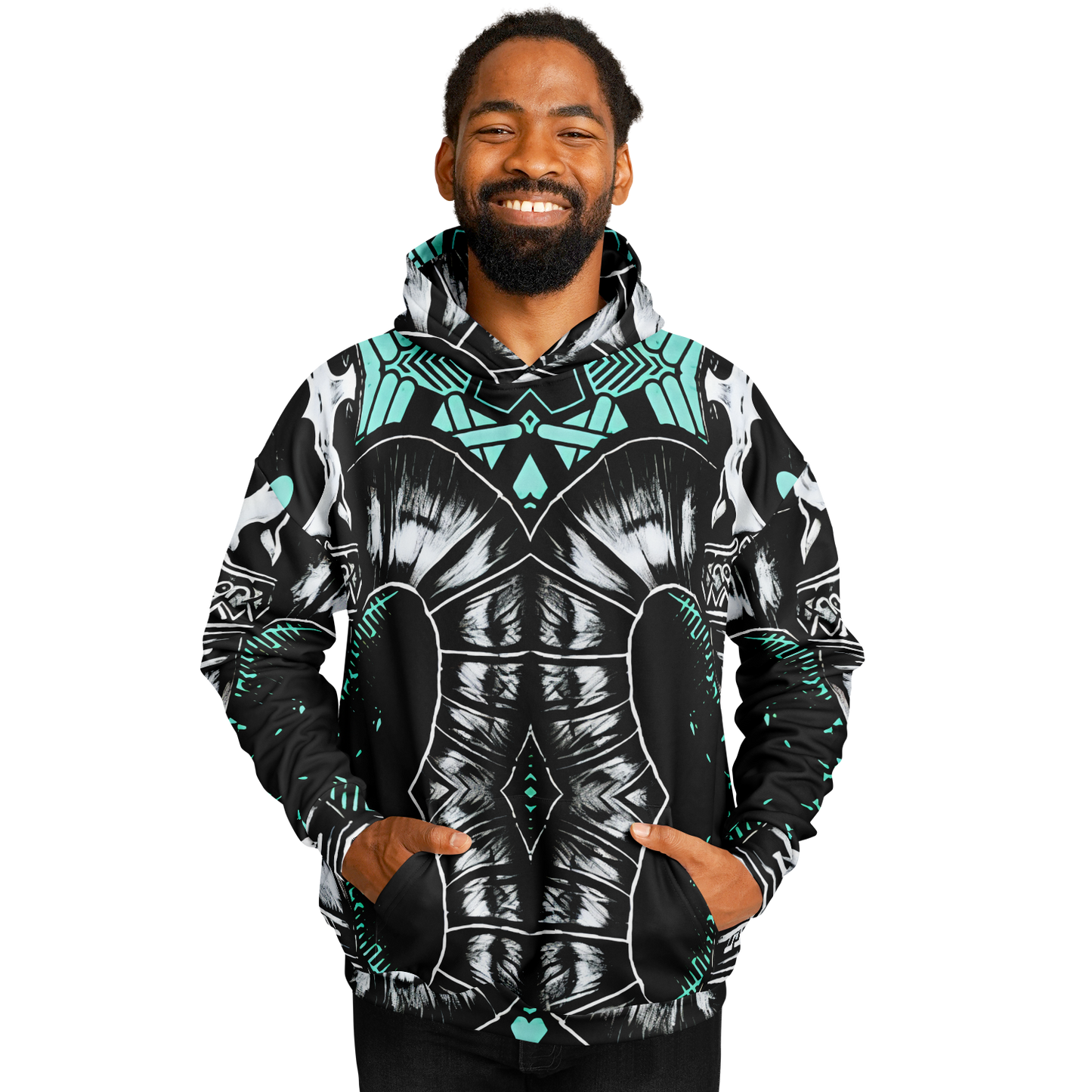 Men's Teal Black White & Green Geometric Pattern All Over Print Heavyweight Oversized Hoodie