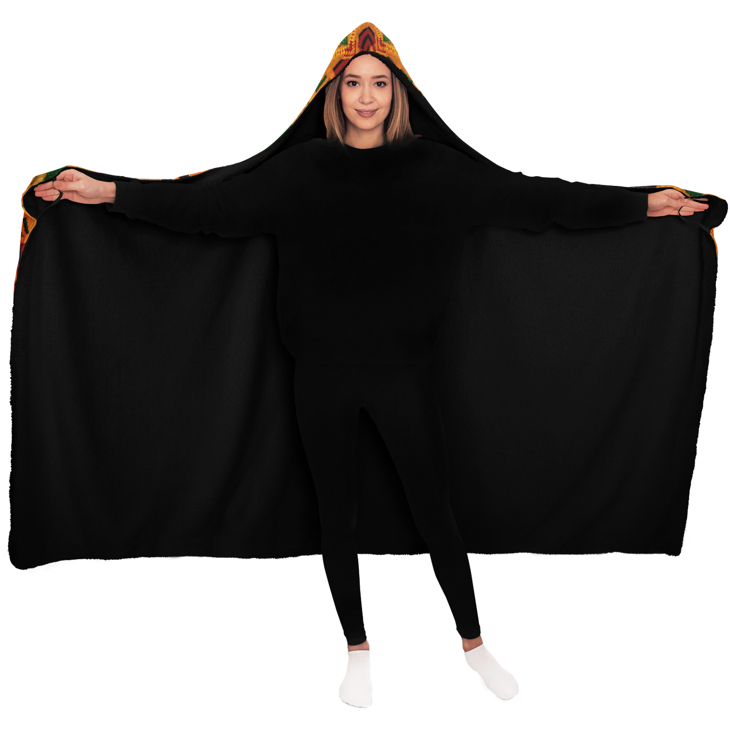 Women's Vibrant Orange & Green Geometric Pattern Hooded Blanket Micro Fleece