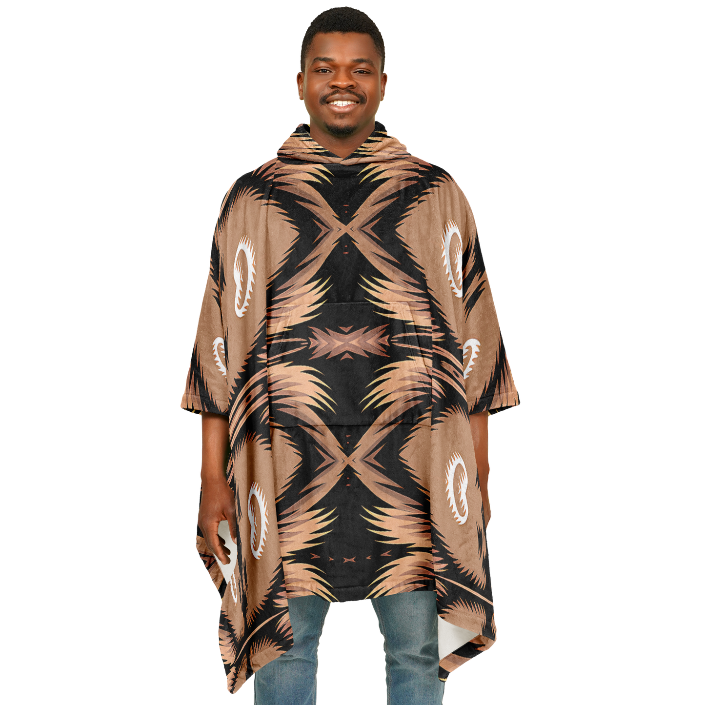 Men's Brown Geometric Pattern All-Over Print Flannel Blanket Poncho