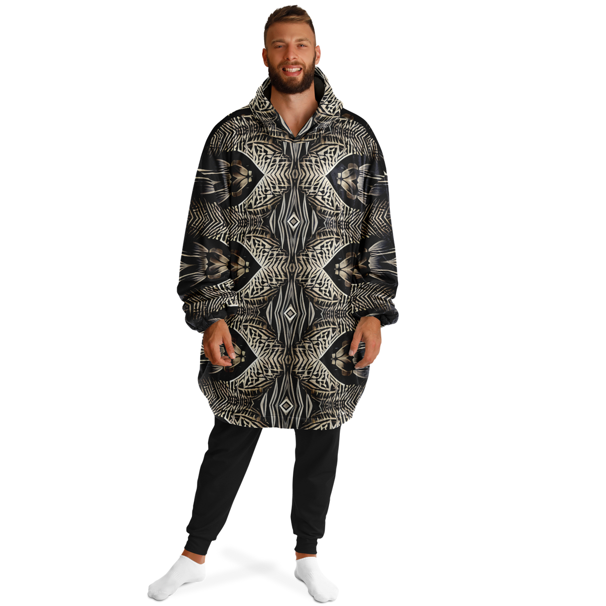 Men's Monochrome Geometric Kaleidoscope Pattern All Over Print Snug Hoodie