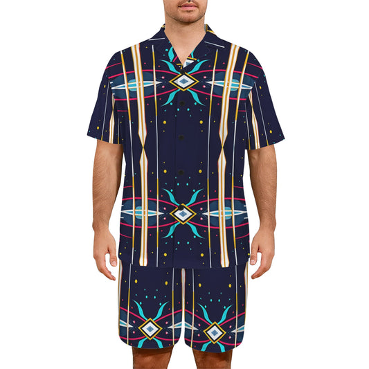 Men's Abstract Neon Geometry Pattern All Over Print V-Neck Short Pajama Set