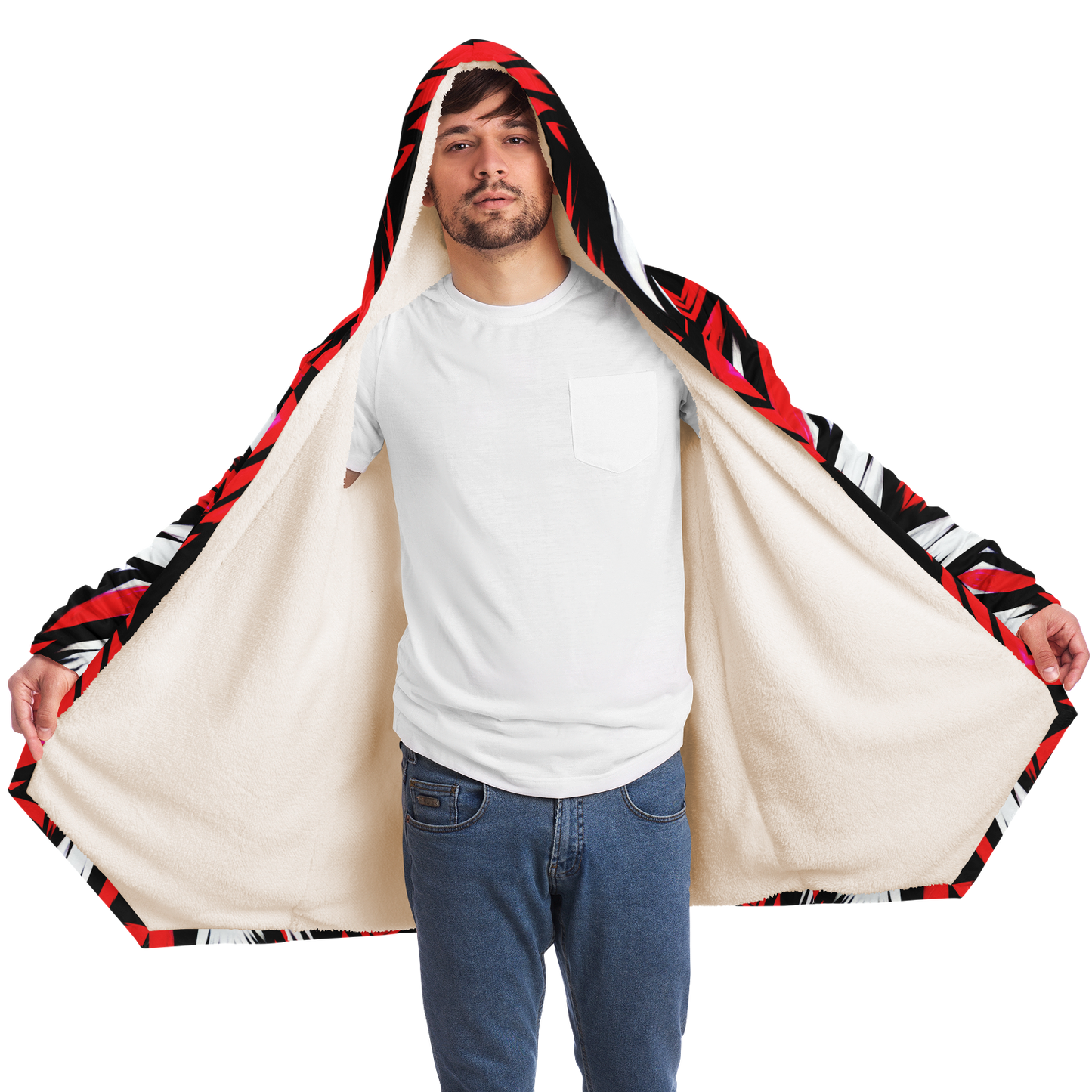 Men's Abstract Red, White & Black Pattern All-Over Print All Over Print Microfleece Cloak