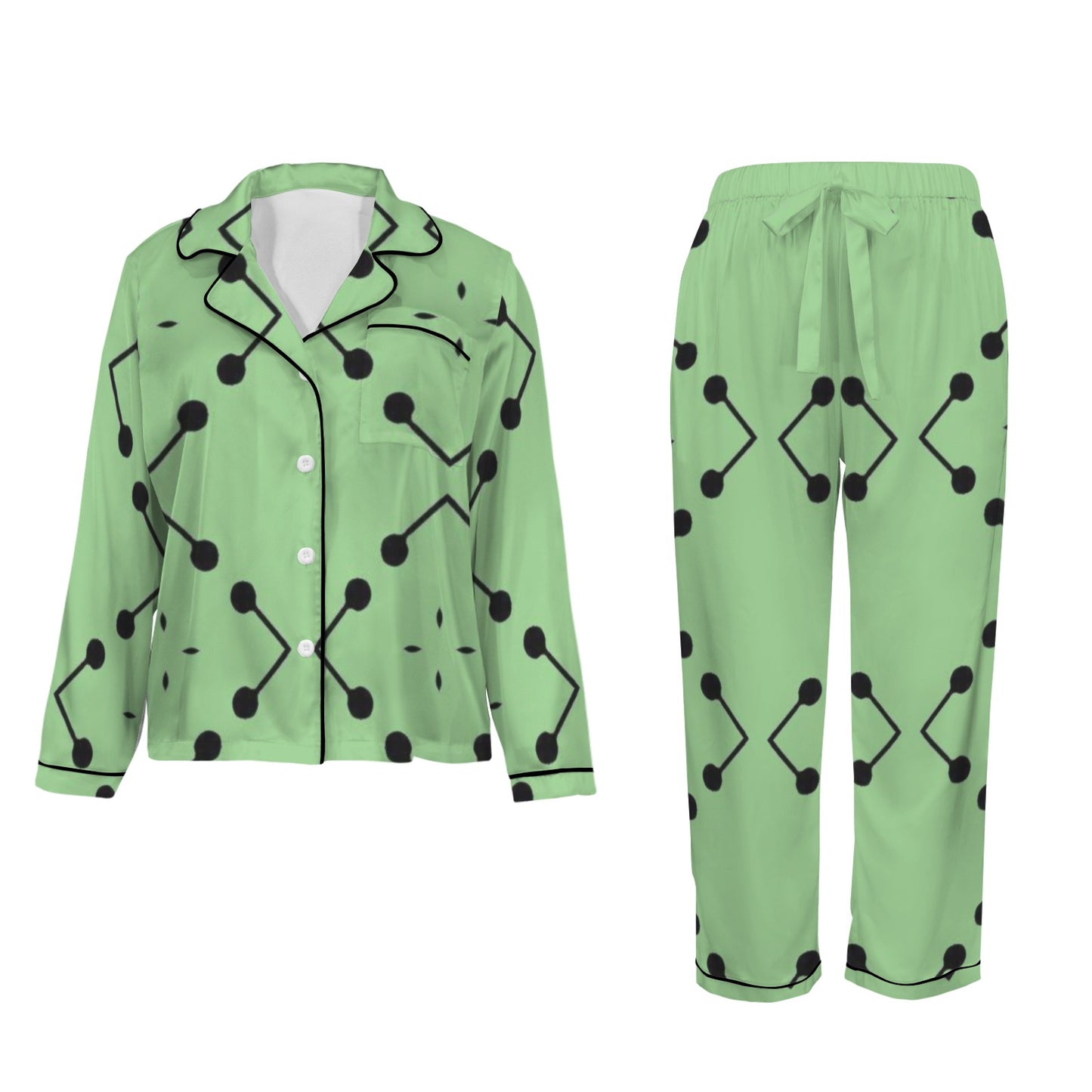 Women's Bold Green Geometric Black Dot-Node Pattern All-Over Print Long Sleeve Satin Pajama Set