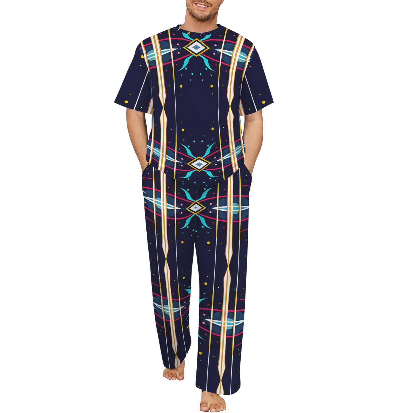 Men's Abstract Neon Geometry Pattern All Over Print Crew Neck Pajama Set