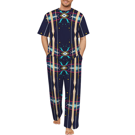 Men's Abstract Neon Geometry Pattern All Over Print Crew Neck Pajama Set