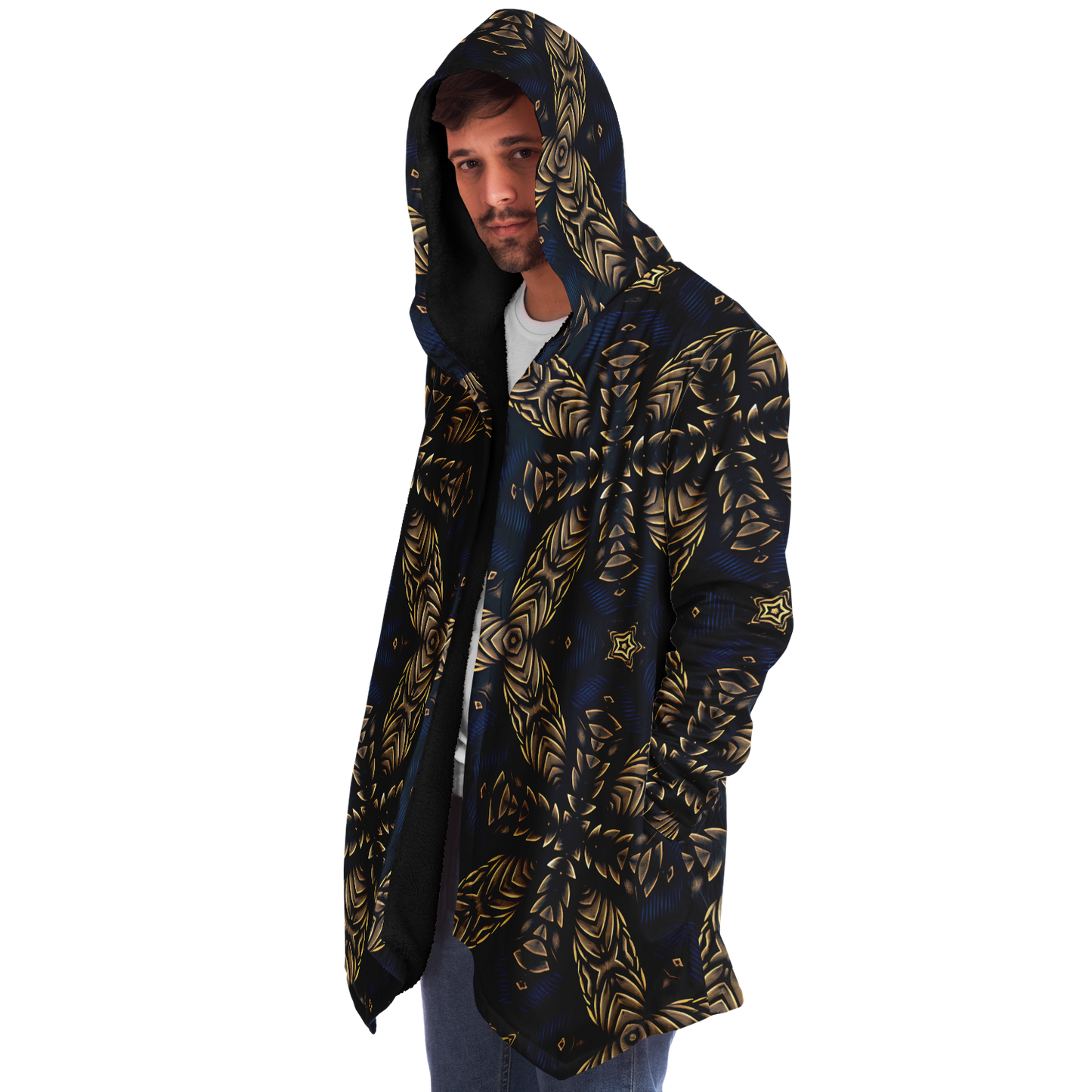 Men's Asymmetrical Gold, Blue & Black Pattern All Over Print Microfleece Cloak