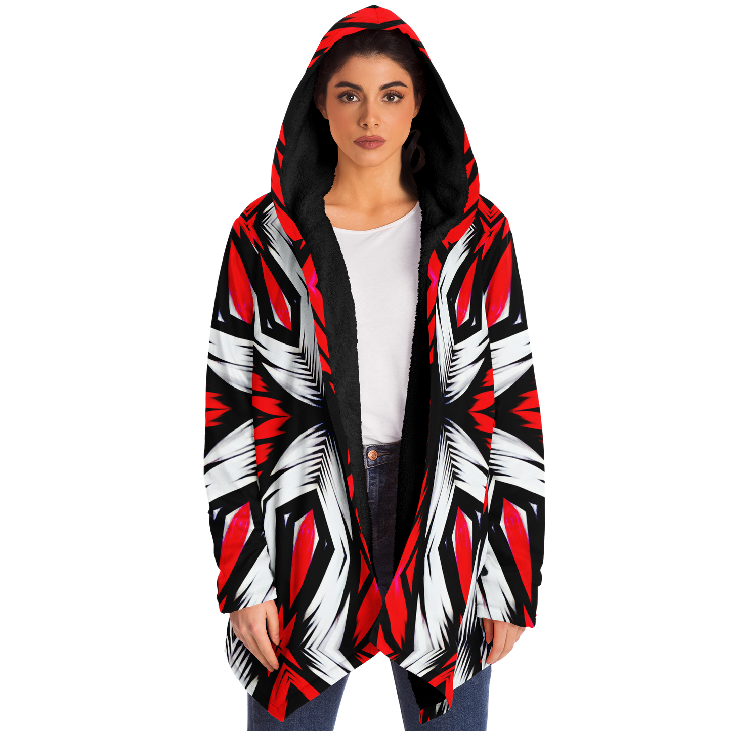 Women's Abstract Red, White & Black Pattern All-Over Print Microfleece Cloak