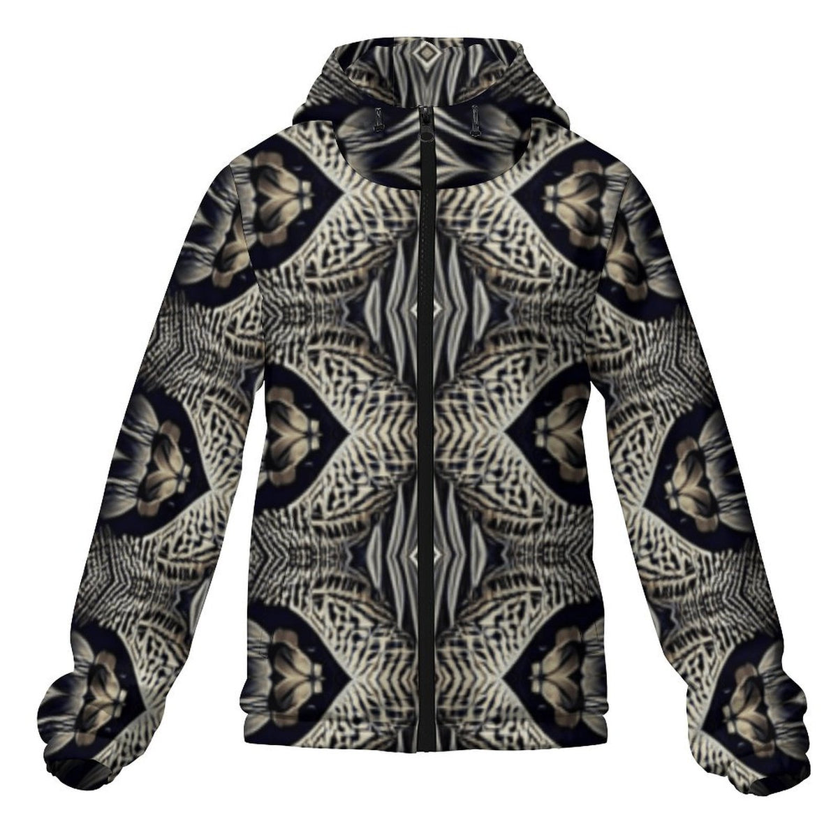 Men's Monochrome Geometric Pattern All Over Print Hooded Windbreaker Jacket