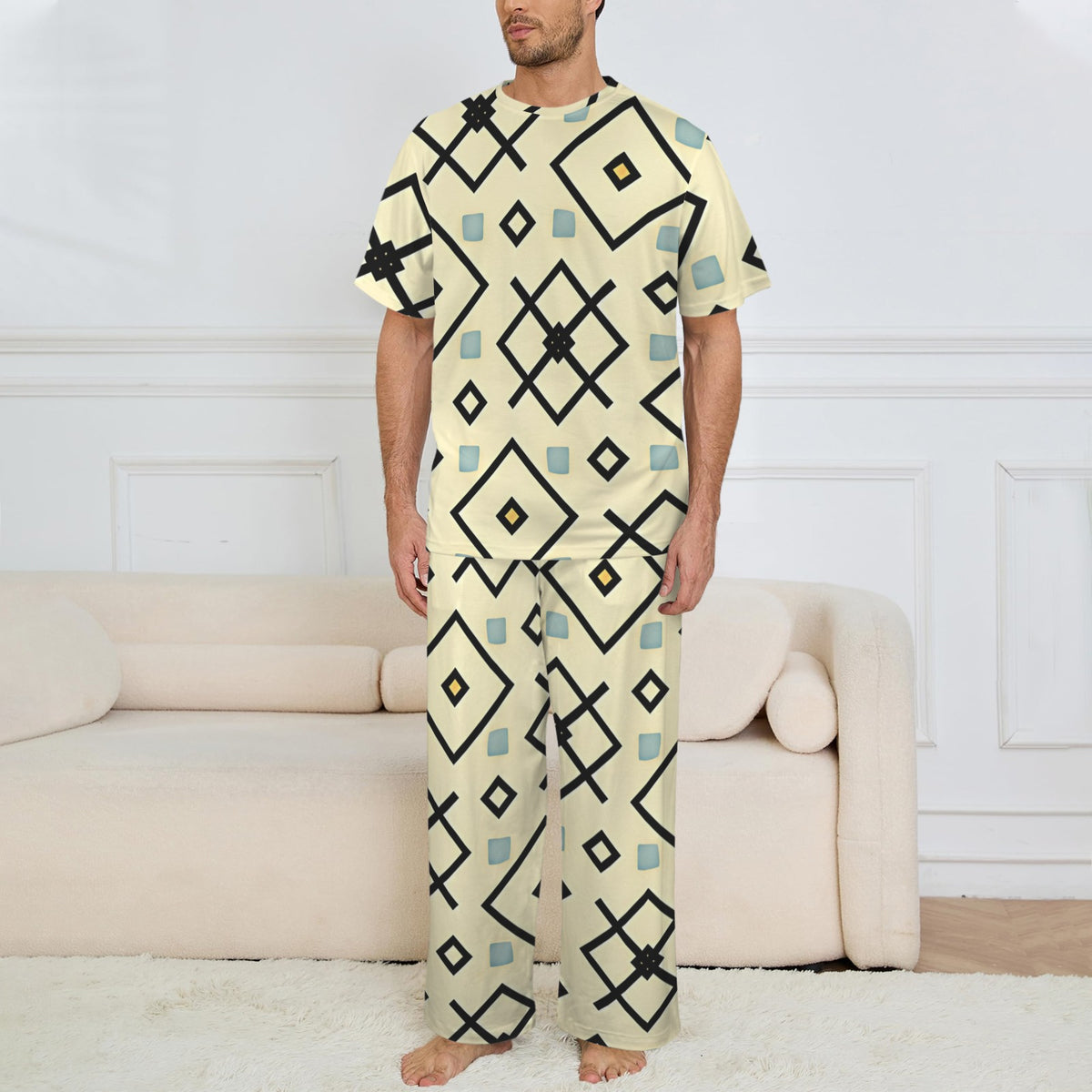 Men's Retro Cream Geometric Diamond Pattern Design All Over Print Men's Crew Neck Pajama Set