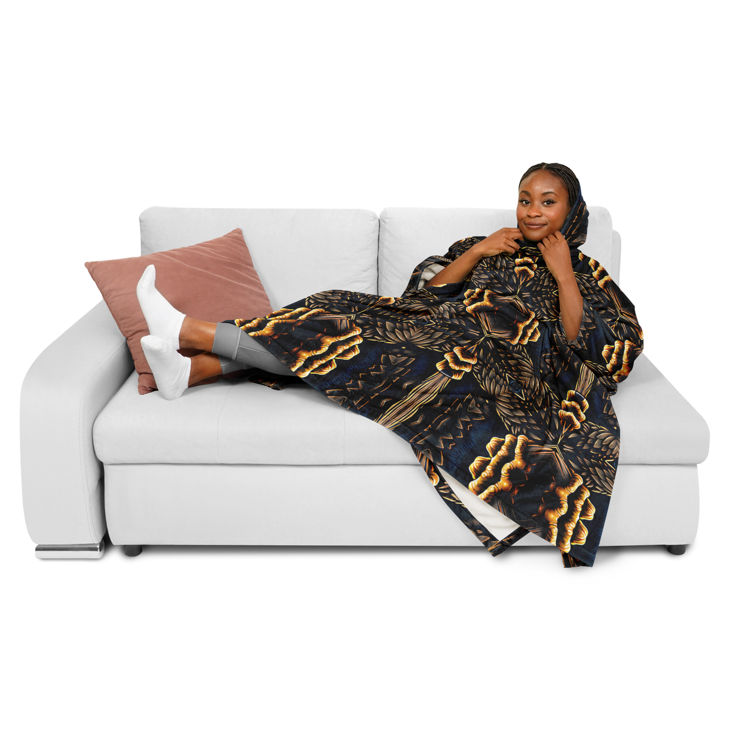 Women's Geometric Gold & Black Pattern Flannel Blanket Poncho