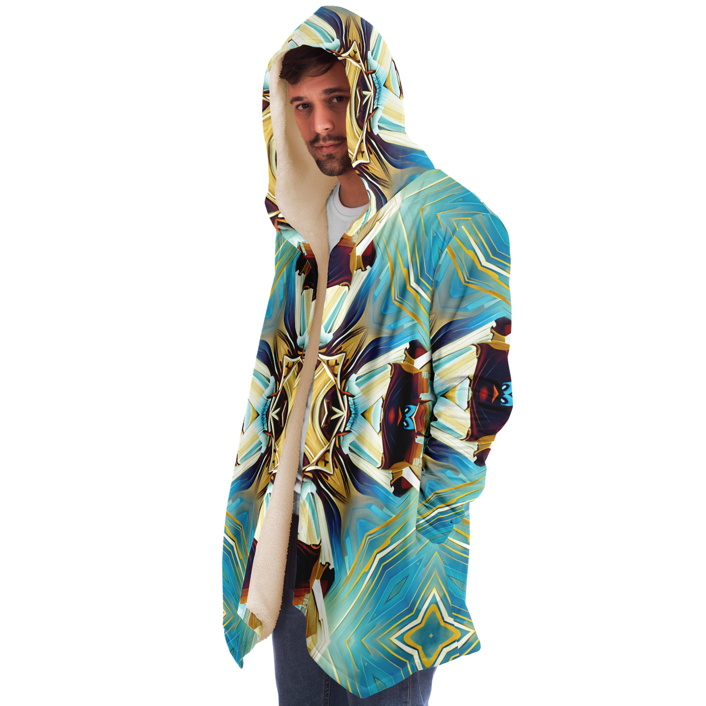 Men's Abstract Teal & Gold Pattern All Over Print Microfleece Cloak