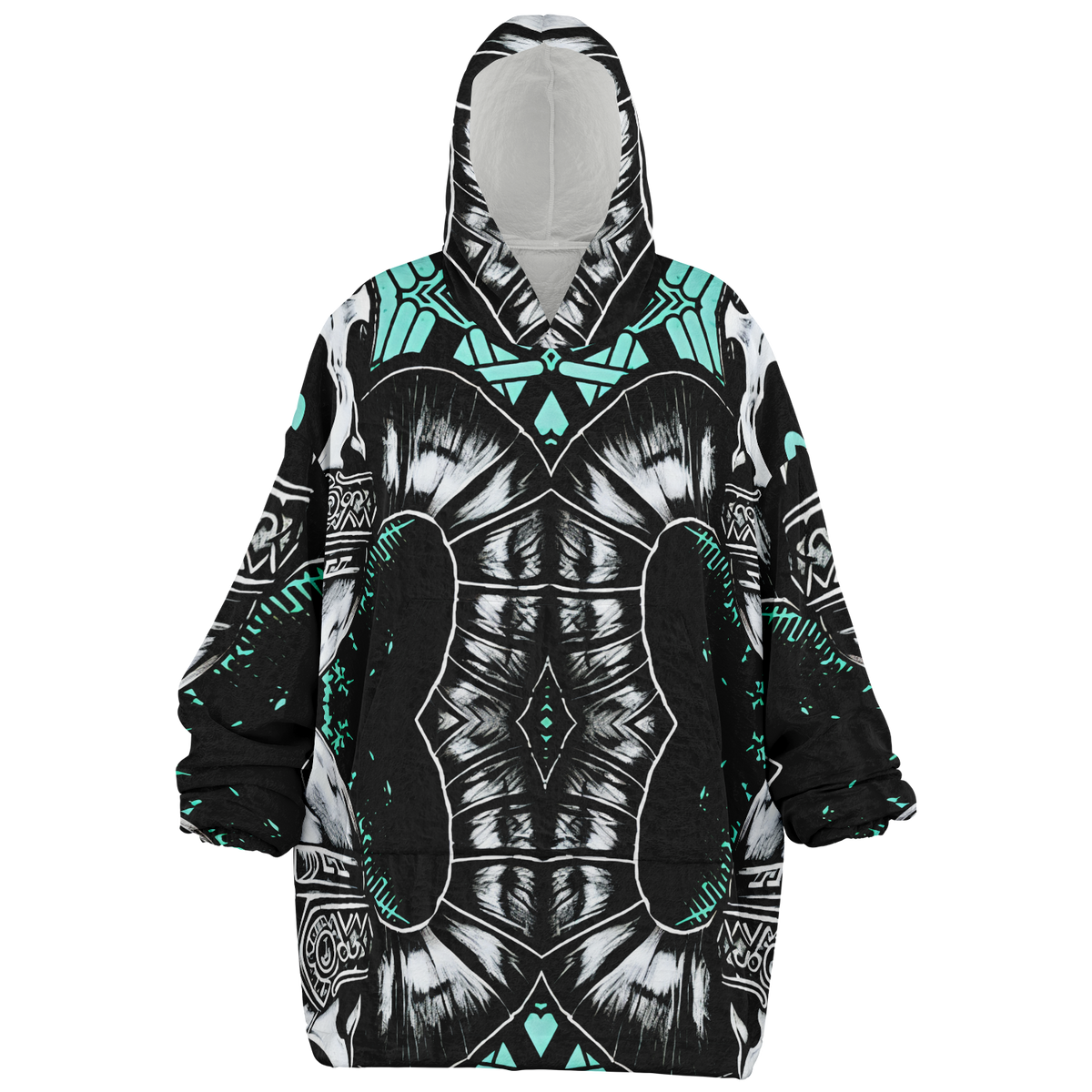 Men's Teal Black White & Green Geometric Pattern All Over Print Snug Hoodie Economy