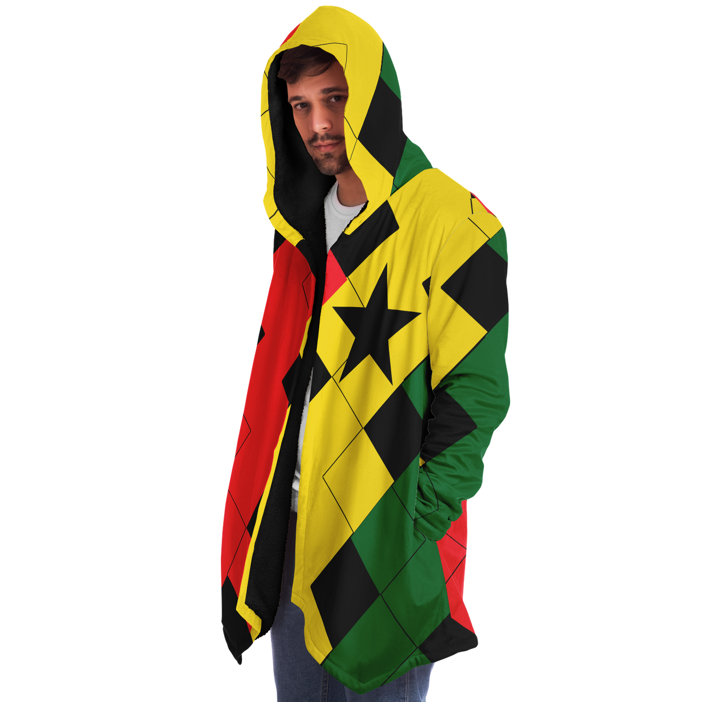 Men's Red Yellow Green and Black Stars Microfleece Cloak