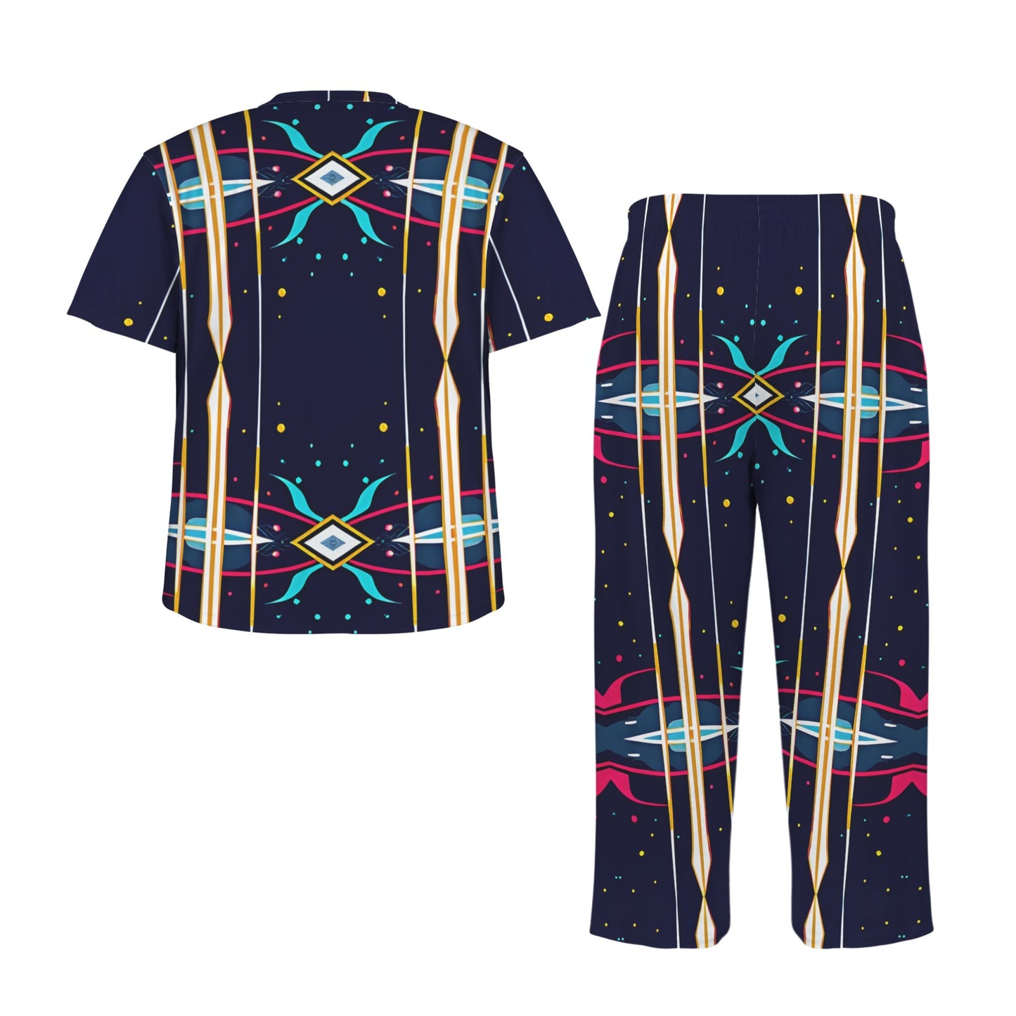 Men's Abstract Neon Geometry Pattern All Over Print Crew Neck Pajama Set