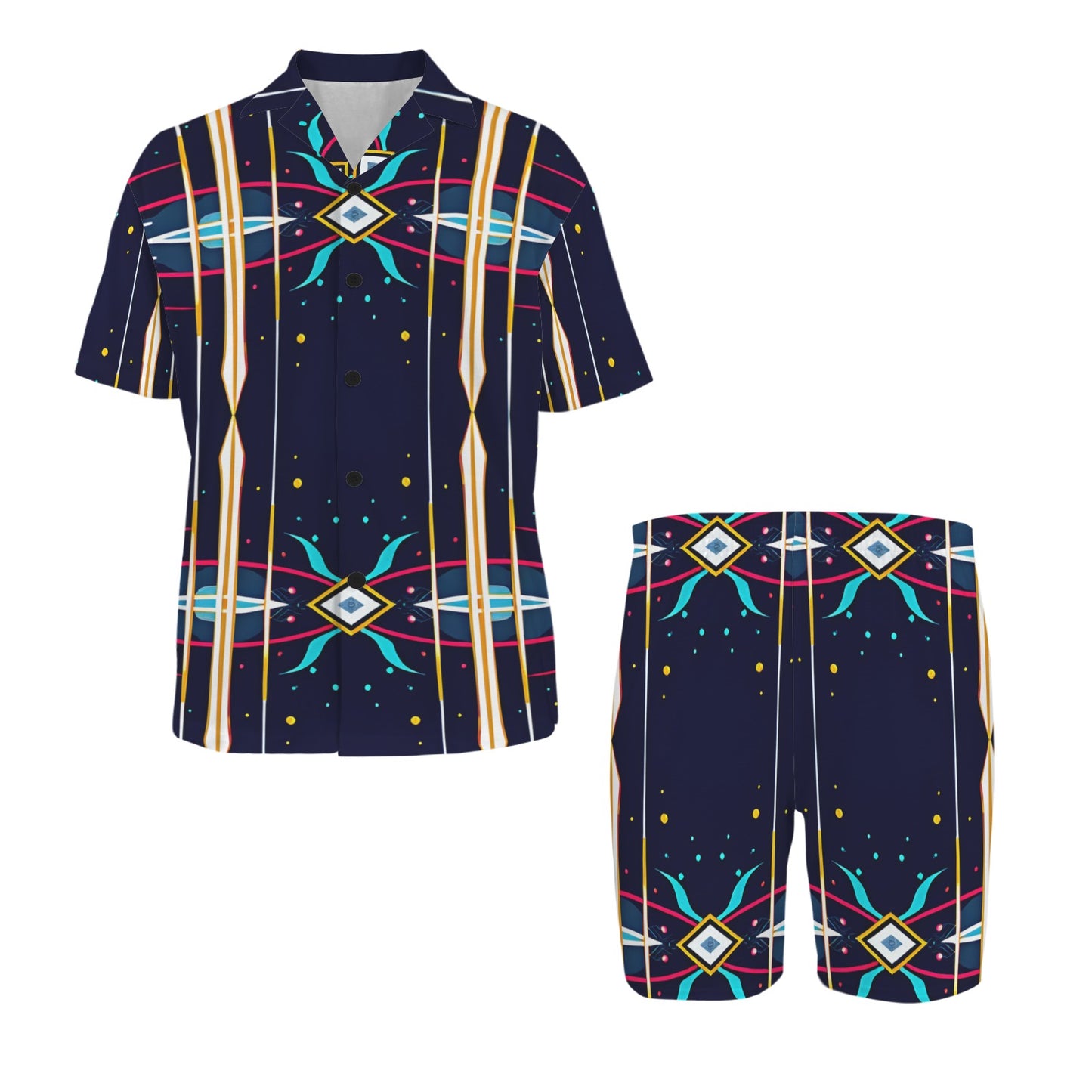 Men's Abstract Neon Geometry Pattern All Over Print V-Neck Short Pajama Set