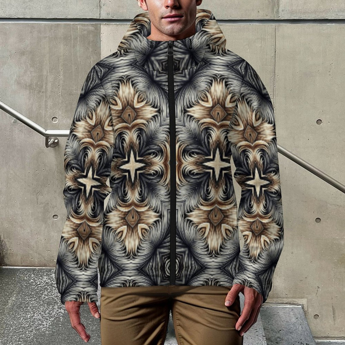 Men's Neutral Geometric Floral Pattern All Over print Hooded Windbreaker Jacket