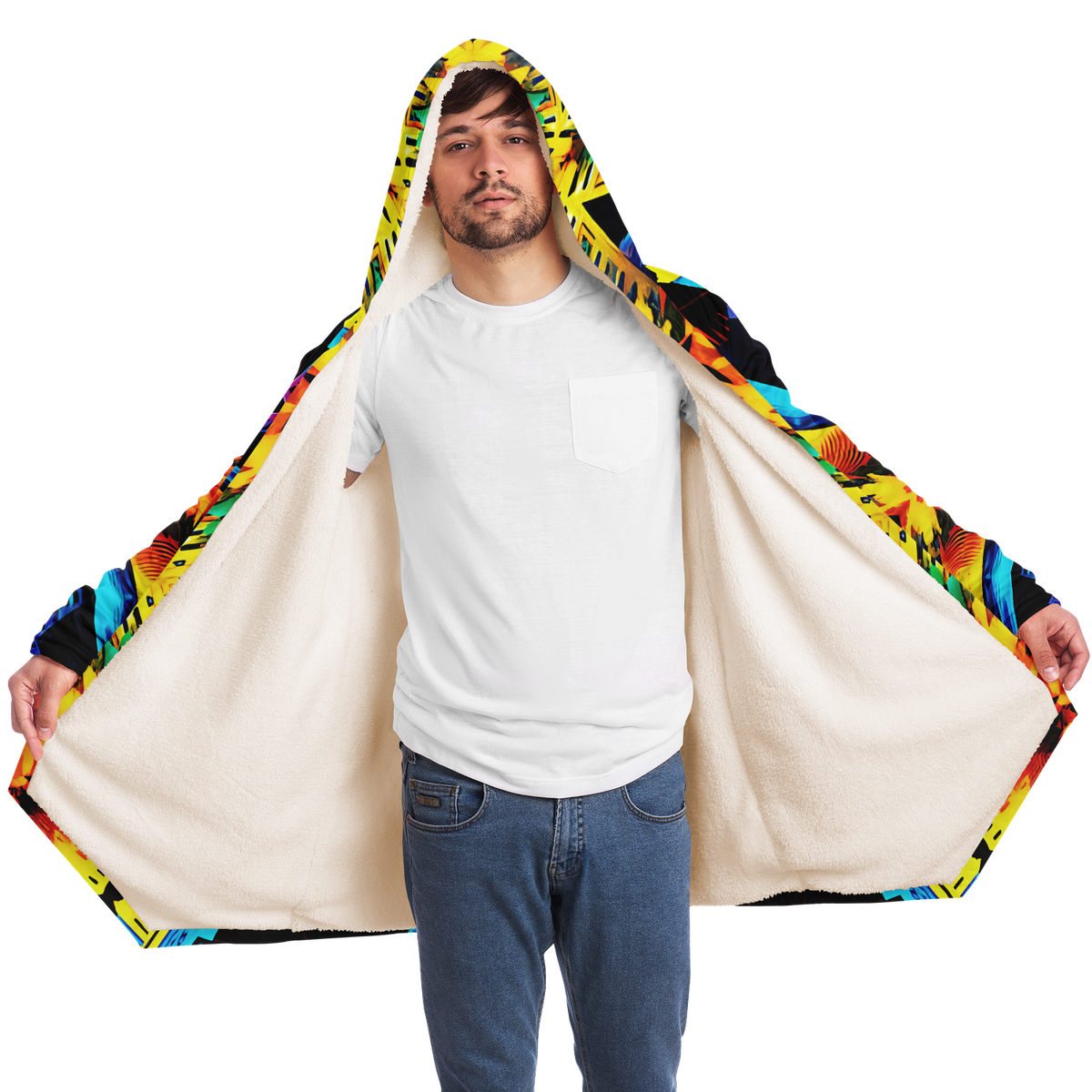 Men's Vibrant Kaleidoscope Tribal Pattern Design All Over Print Microfleece Cloak