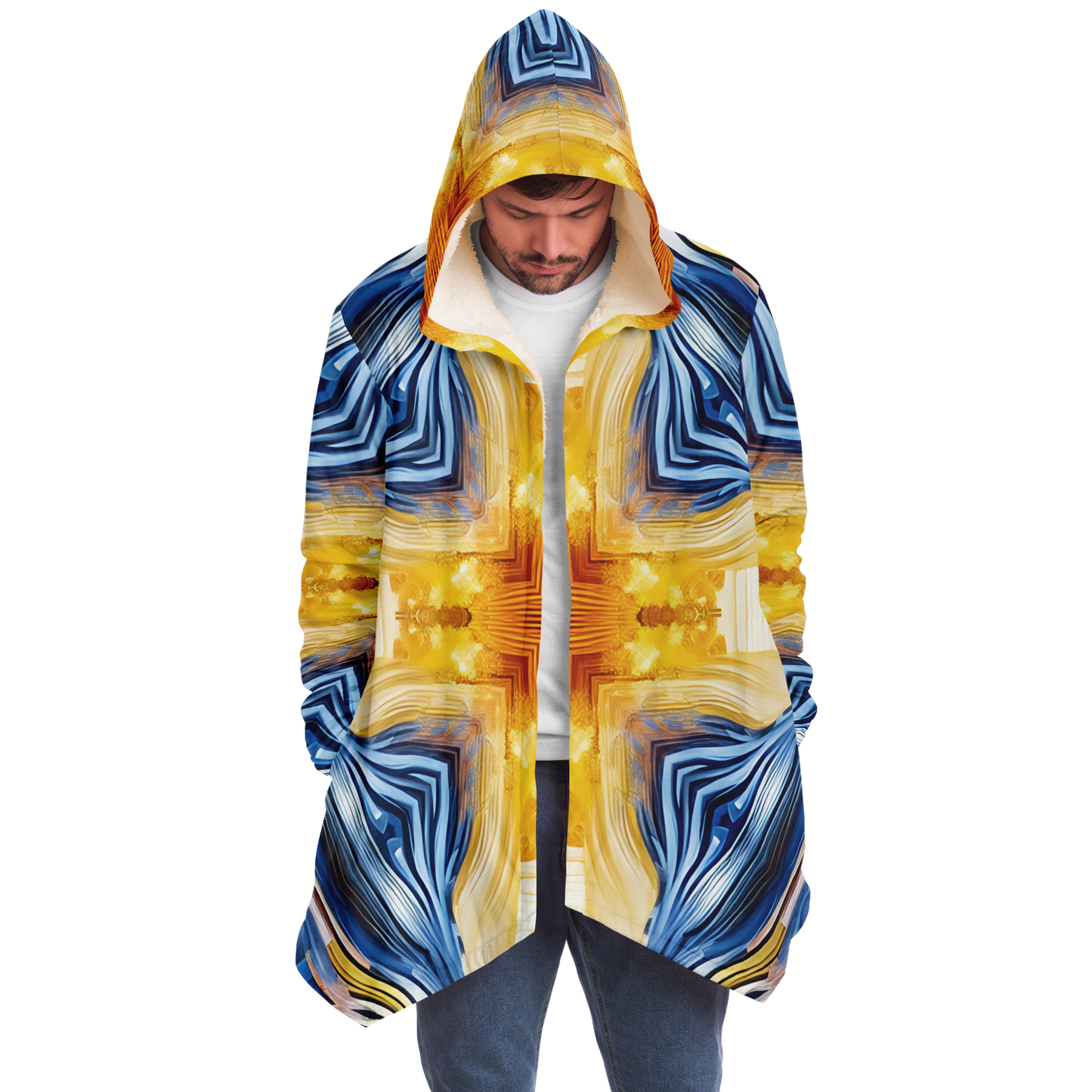 Men’s Bright Orange & Blue Abstract All Over Print Microfleece Cloak