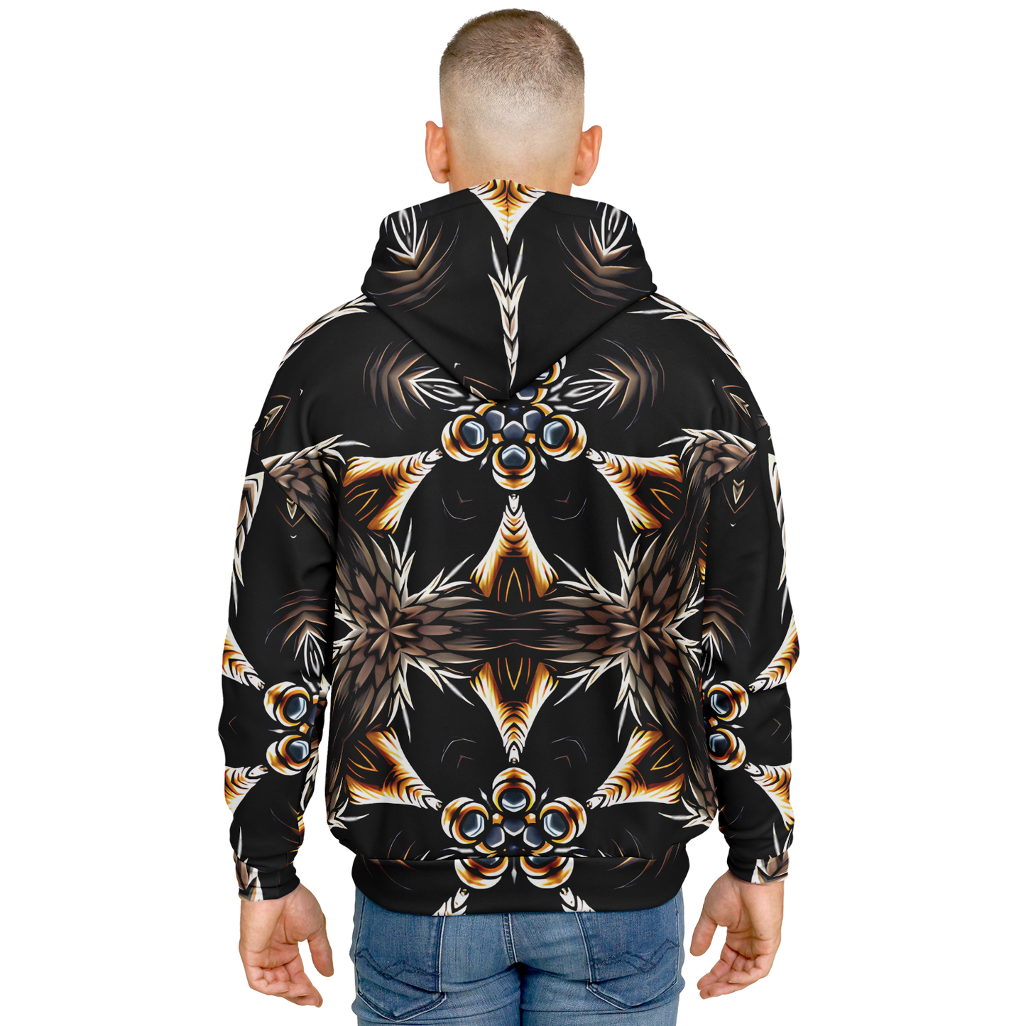 Men's Geometric Black & Gold Kaleidoscope Print Heavyweight Oversized Hoodie