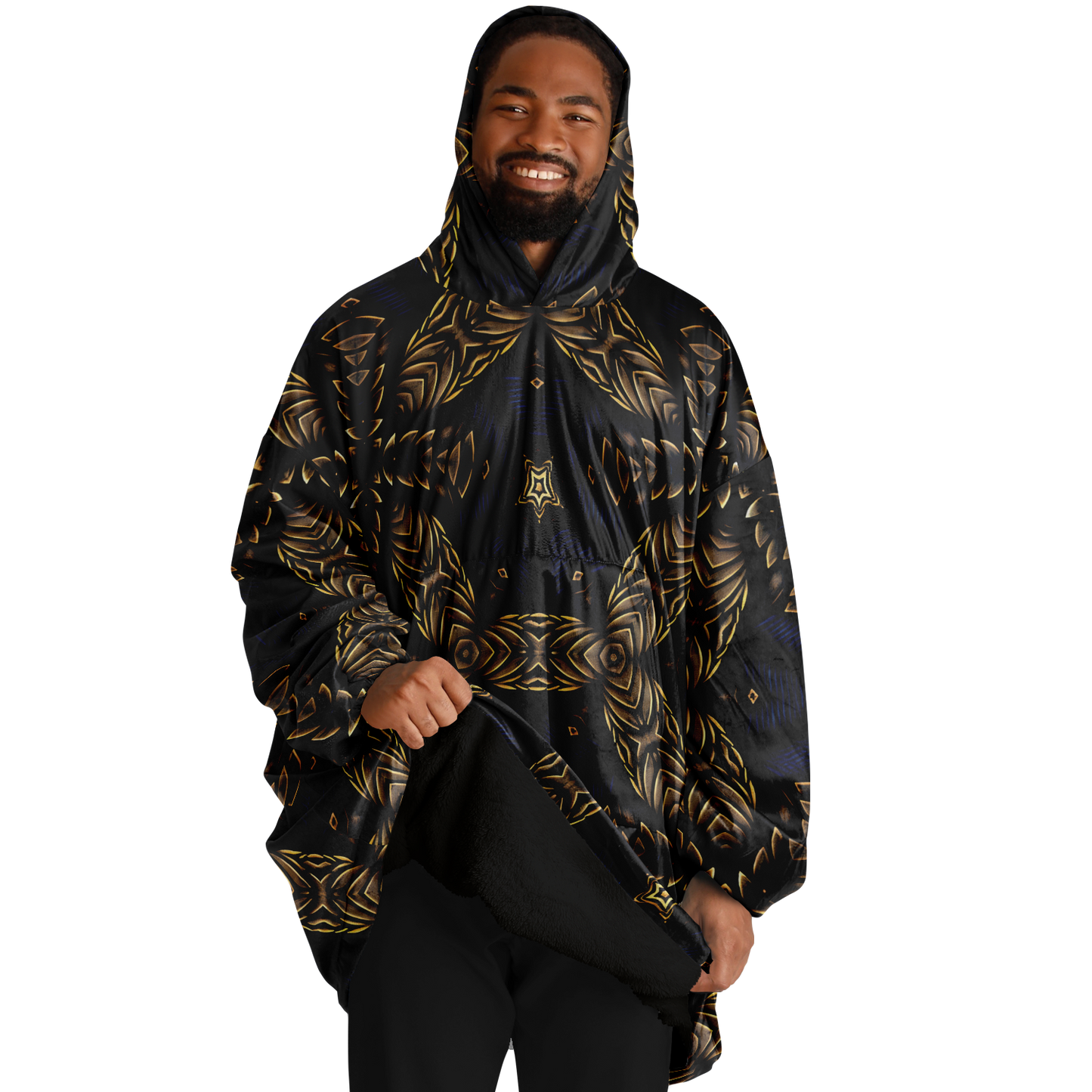 Men's Asymmetrical Gold, Blue & Black Pattern All Over Print Snug Hoodie