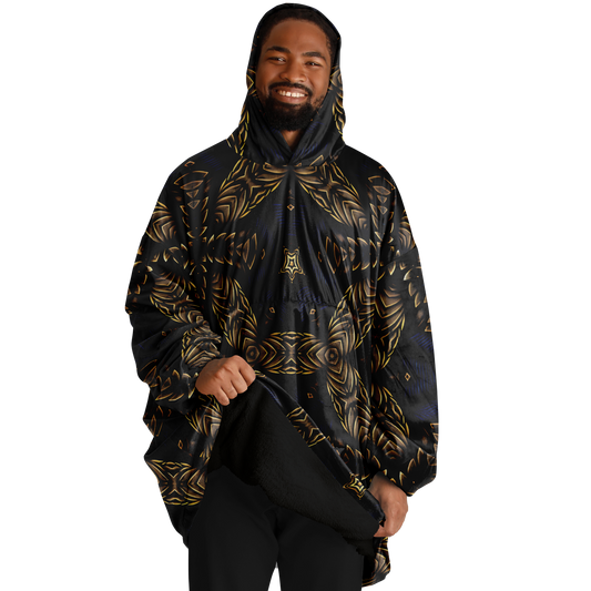 Men's Asymmetrical Gold, Blue & Black Pattern All Over Print Snug Hoodie