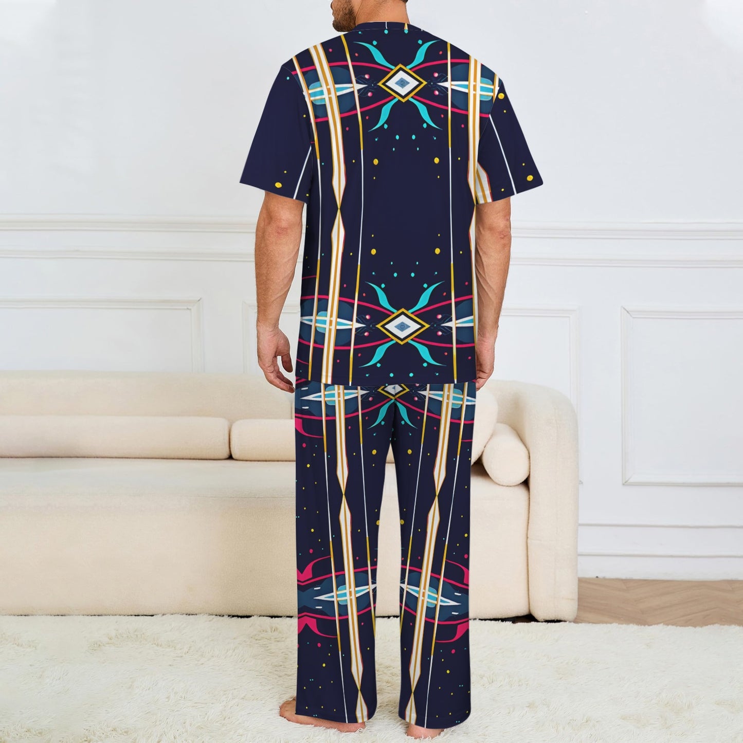 Men's Abstract Neon Geometry Pattern All Over Print Crew Neck Pajama Set