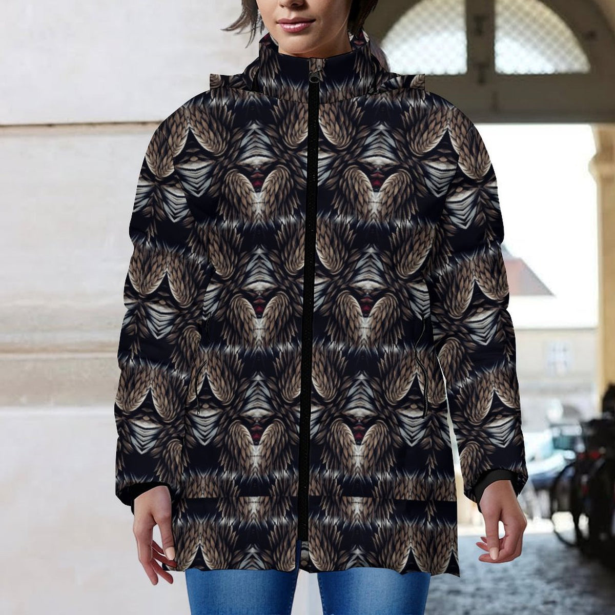 Women's Abstract Dark Kaleidoscope Pattern All Over Print Hooded Puffer Coat